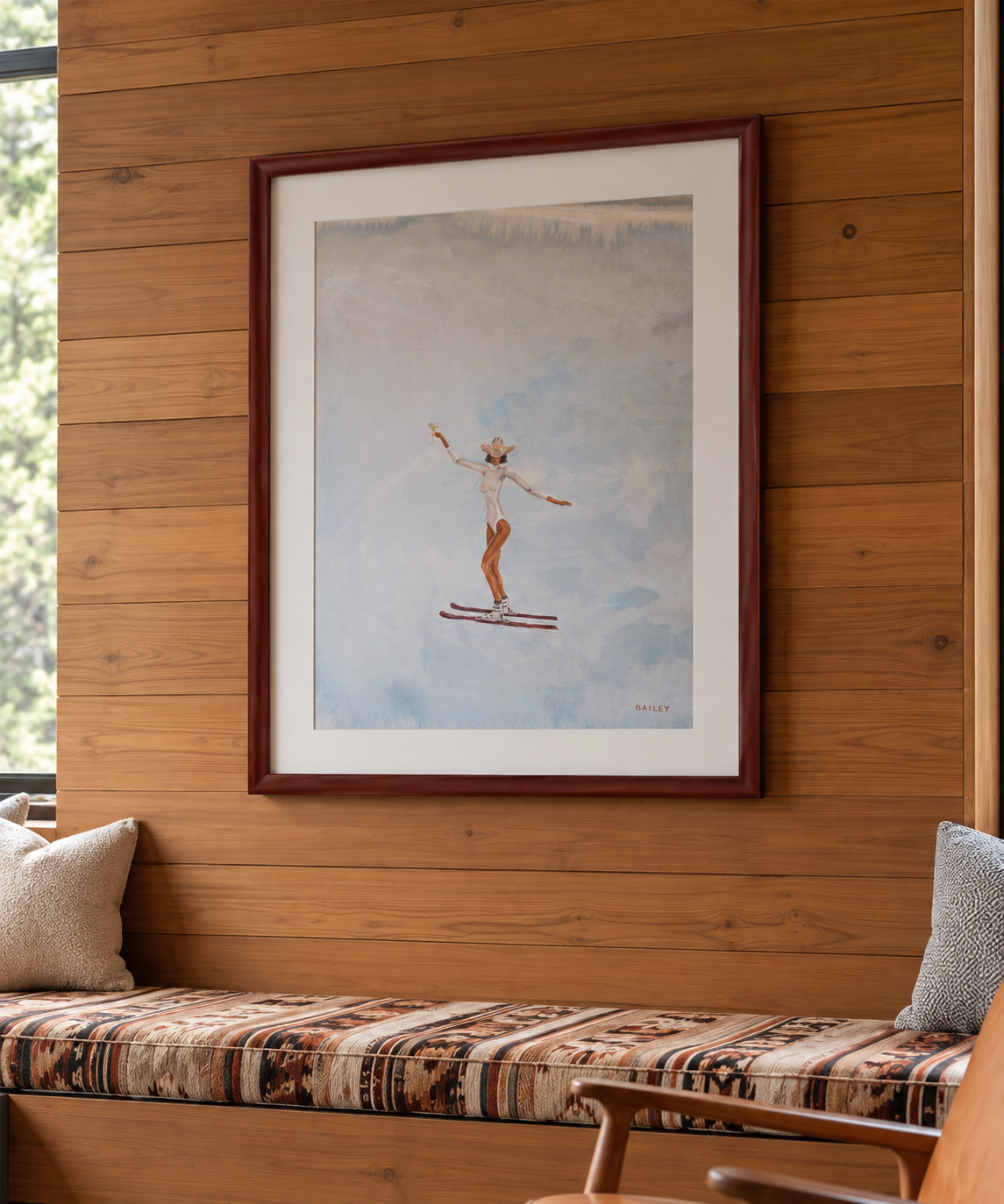 martini ski cowgirl framed print