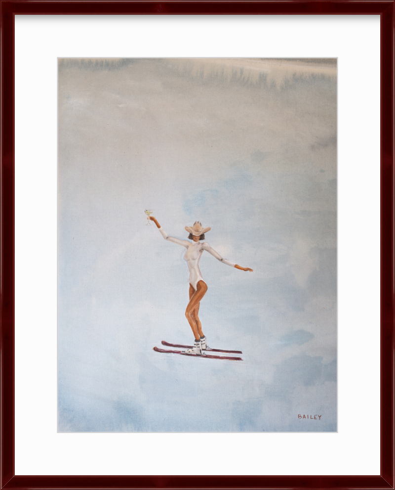 martini ski cowgirl framed print